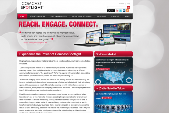 This screenshot shows the homepage of Comcast Spotlight. The data was migrated from their Drupal 6 site into Drupal 7. All of the custom business logic had previously been loaded into an extremely large single module. During this migration, I broke out this huge module into several smaller, more maintainable custom modules.