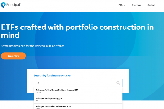 This is a screenshot of Principal ETF's homepage featuring a search box for any ETF fundname (or by ticker). As user types, possible results dropdown and when user completes entry or selects from the dropdown the page quickly redirects to that fund's detail page.
