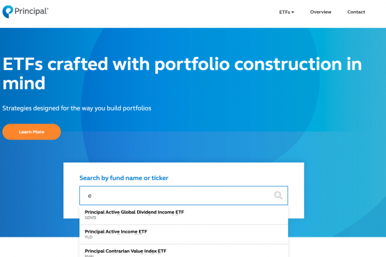 This is a screenshot of Principal ETF's homepage featuring a search box for any ETF fundname (or by ticker). As user types, possible results dropdown and when user completes entry or selects from the dropdown the page quickly redirects to that fund's detail page. 