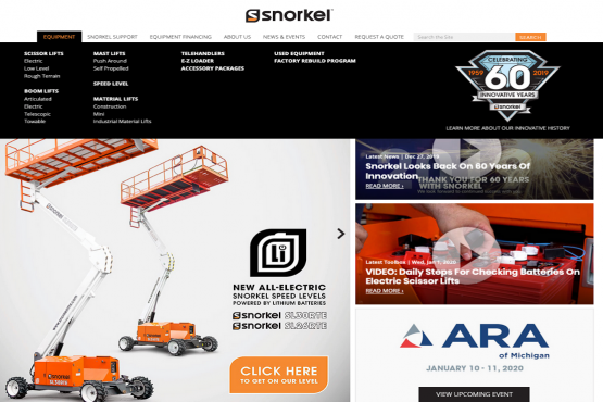 This is a screenshot of the Snorkel homepage (from desktop/laptop view), featuring dynamic hero blocks of content based on the user's geo detected location. This allows different/available content to show based on city/country. Also displayed is the main menu (hovers by mouse) above the hero content, and within the menu, there is a block showing the Snorkel 60 year celebration image that links to more about Snorkel's history.