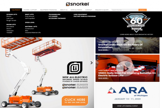 This is a screenshot of the Snorkel homepage (from desktop/laptop view), featuring dynamic hero blocks of content based on the user's geo detected location. This allows different/available content to show based on city/country. Also displayed is the main menu (hovers by mouse) above the hero content, and within the menu, there is a block showing the Snorkel 60 year celebration image that links to more about Snorkel's history. 