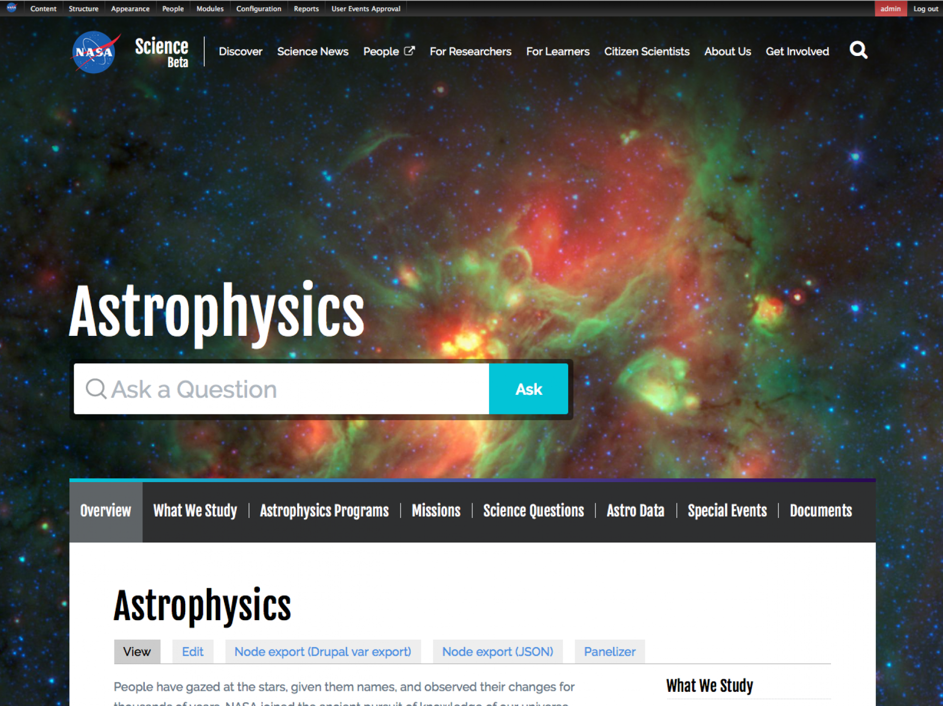 A simple screenshot of NASA's Astrophysics section, demonstrating the recurring theme color per section (as described in the previous slide - also note that Astrophysics was later decided to be labeled as Universe - as to explain the apparent mismatch).