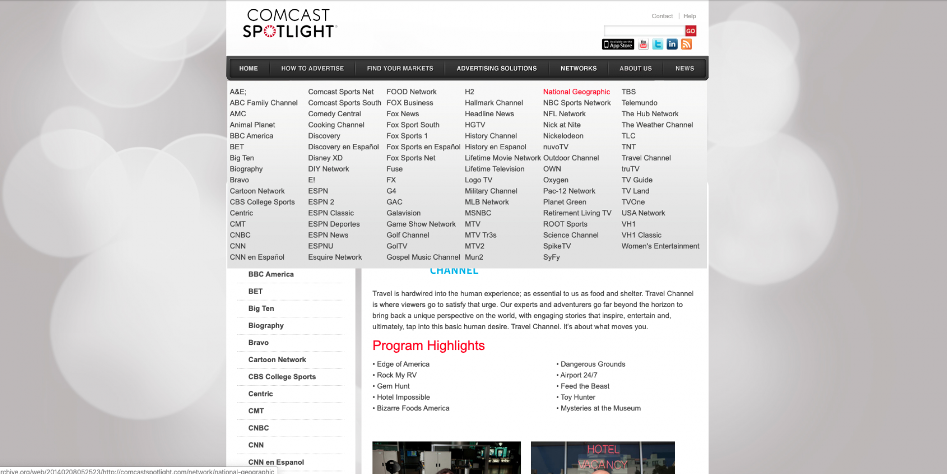 This shot displays the various channels Comcast offers advertising on. The Channel links appear similar to the cities menu but without need for subdomains. Instead, simple pages on the main site would suffice since all channels would be universal, in design and functionality, across all cities.