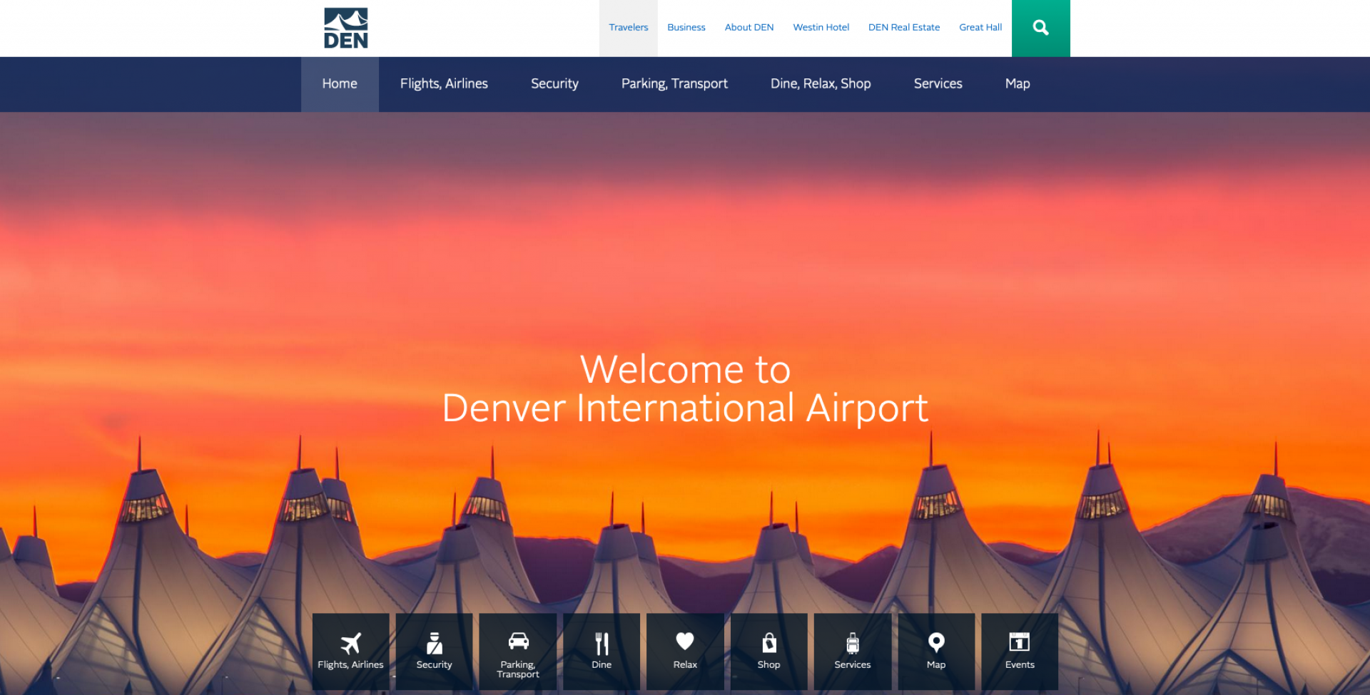 This screenshot shows the home page of the Denver International Airport with focus on providing same access to travel info both on top menu and bottom blocks, recognizing that individuals think to browse sites in different ways. The site provides all travel info from flights to restaurants/shops to security to parking and more. ***The site even provides a feature for users to privately enter their parking space number to have reference - for when they return!
