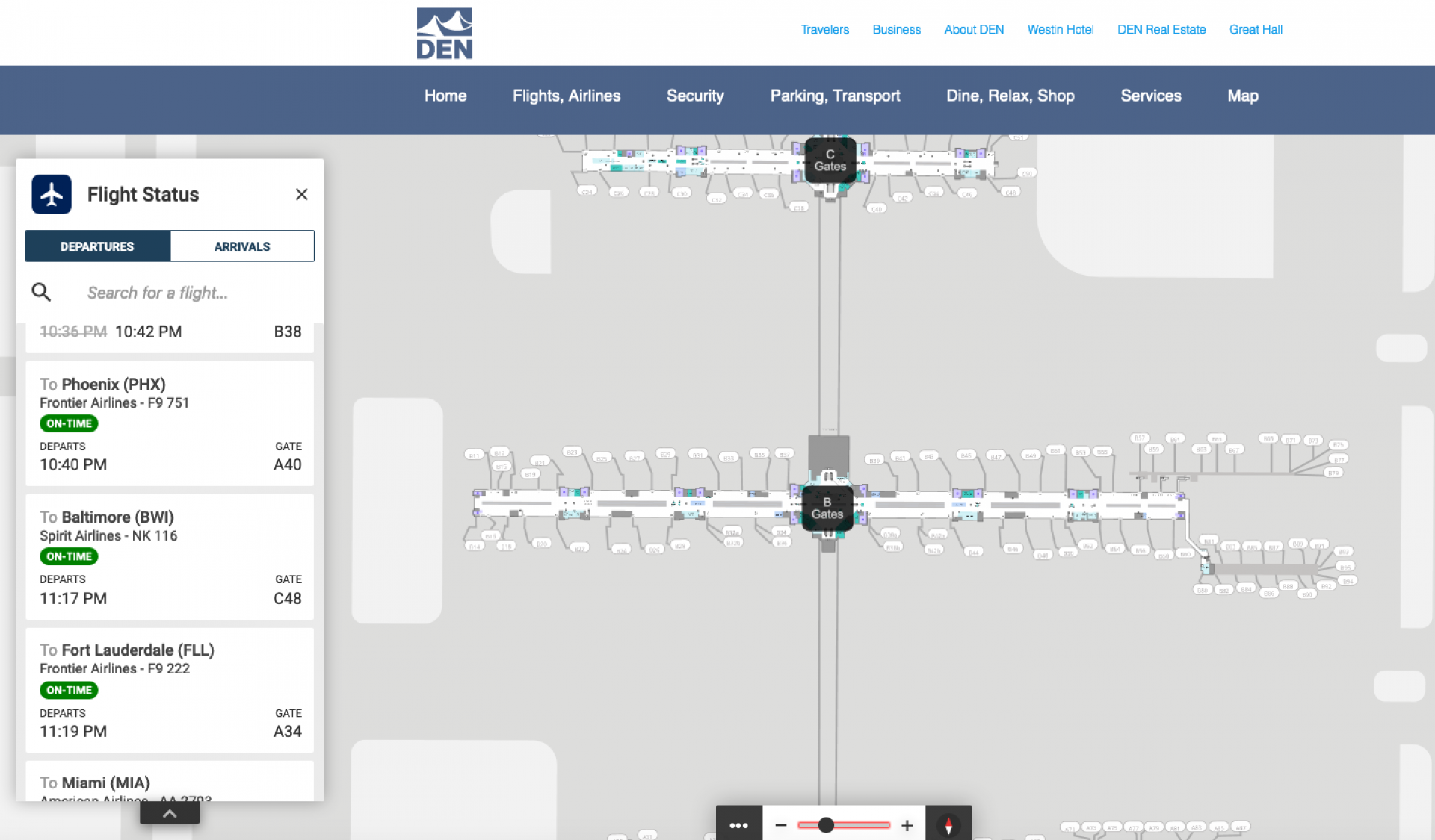 When the user chooses their focus from the map's toolbar, the info within it contextually changes to narrow in on the relevant details. In this example, with user having clicked on the flight category of the toolbar, a scrollable list appears, ordered by soonest to latest departing flights, along with a search box - specific to flights.