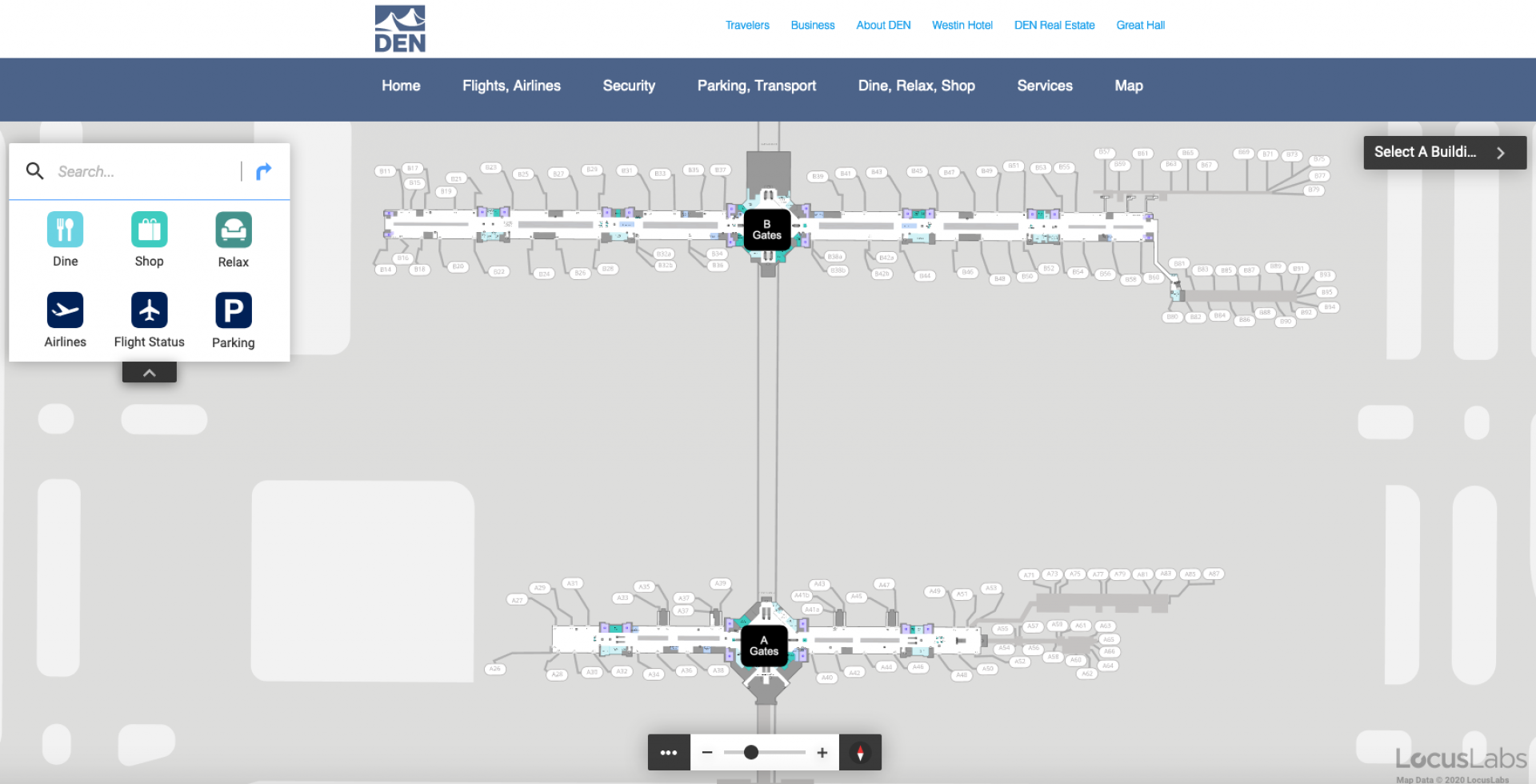 An essential purpose of flydenver.com is to provide mapping of the large airport for travellers to easily get where they need to go. In this screenshot, the map's toolbar (upper left) provides a general search box and categories for users to hone in on what they're looking for. At bottom of map, a zoom tool allows perspective. At mobile device view, the toolbar disappears replacing a tip for users to tap and zoom.