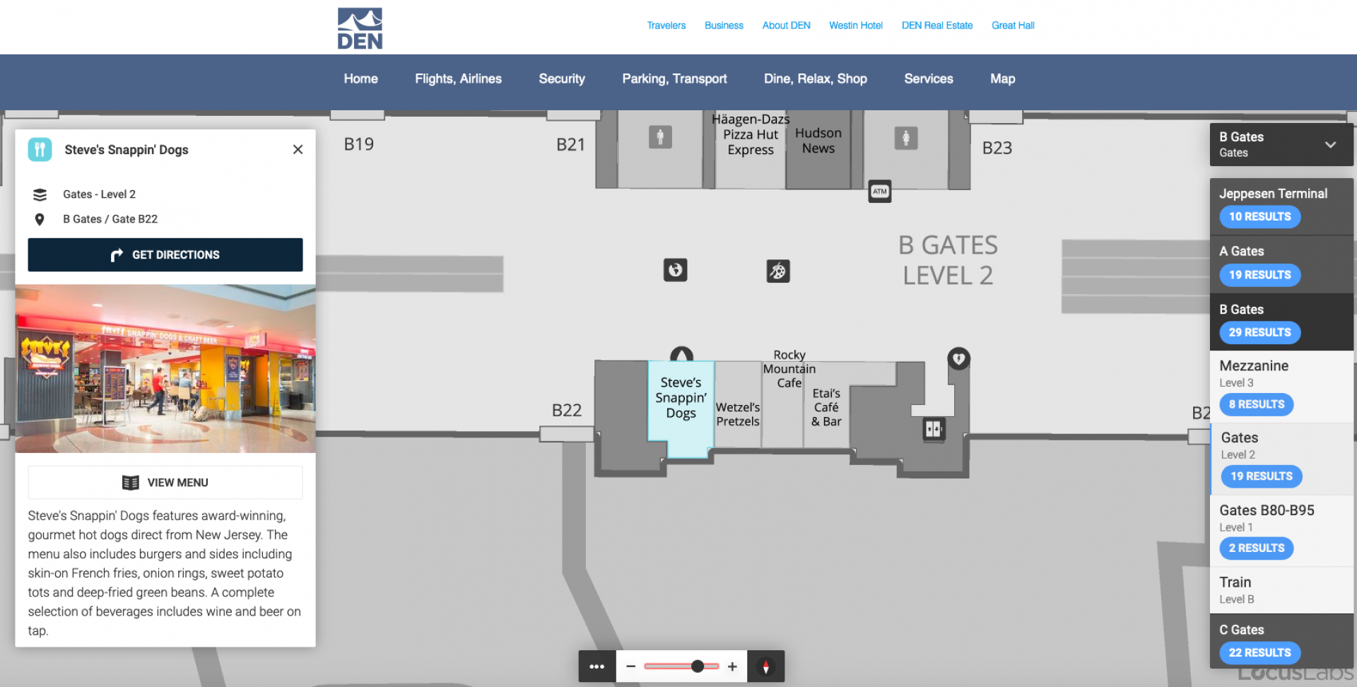 This screenshot shows example of a user having selected the restaurant category from the map's toolbar and further having selected a specific restaurant. In this context, the restaurant photo and description is given along with a menu link and directions to get there. Also the map zooms into a more detailed view of the restaurant's location. Other restaurant options in the area are numerically listed to the right.