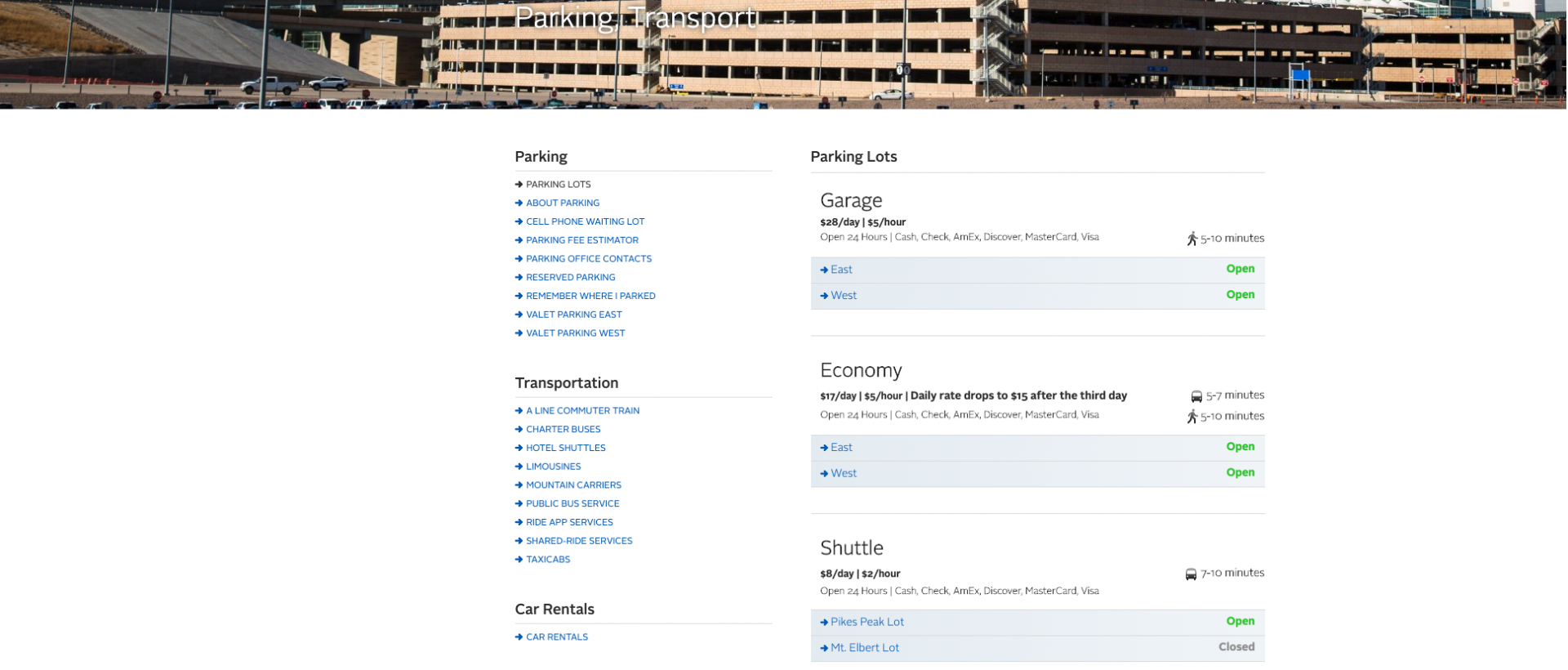 This example shows similar custom API work (noted in previous slide) I engineered for the parking information of the site. The open/closed status of each lot, along with travel times to and from airport, are synced by API - though can be manually updated by staff if needed.
