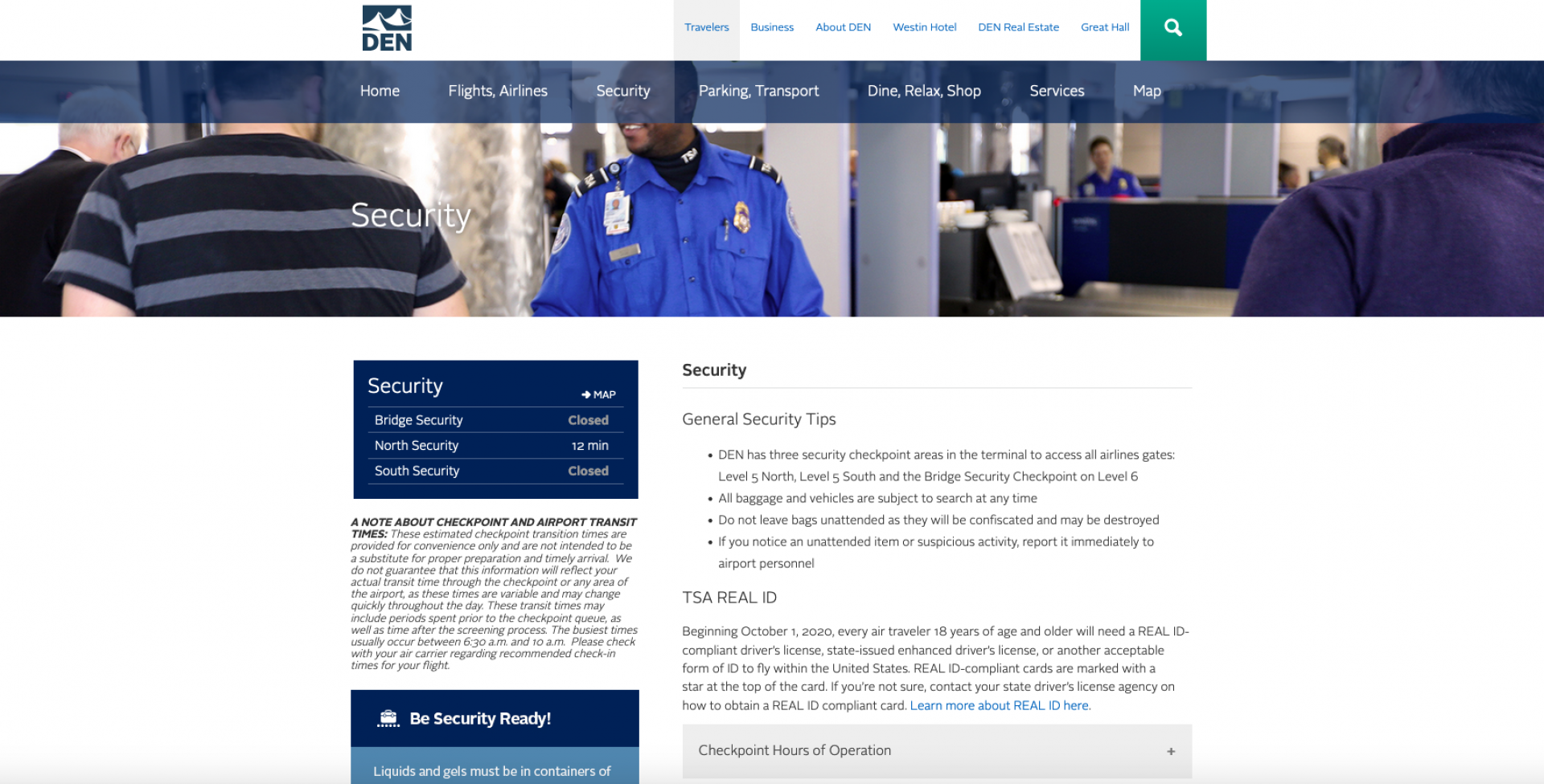 This screenshot shows the expected wait times going through security lines at DIA. On the backend, wait times are calculated via expected algorythm. However, due to occasional unexpected events, DIA staff identified a need for superintendents to override time estimates as necessary from the website itself. If superintendent doesn't update again, wait times are reset to the algorithm (via API calls, outside of the Drupal website) after 30 minutes.