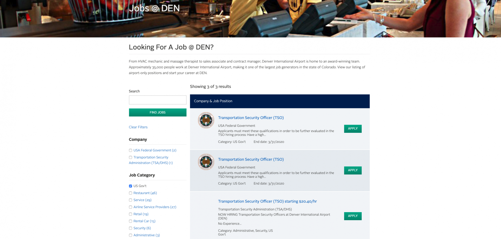 In this example, the user has selected the US Government jobs category. Some jobs, such as in this category, are automatically fed into the jobs site (without need for admin to manually enter). I created this feed and package to post relevant jobs from API calls to the publicly available USAJOBS API (www.usajobs.gov). 