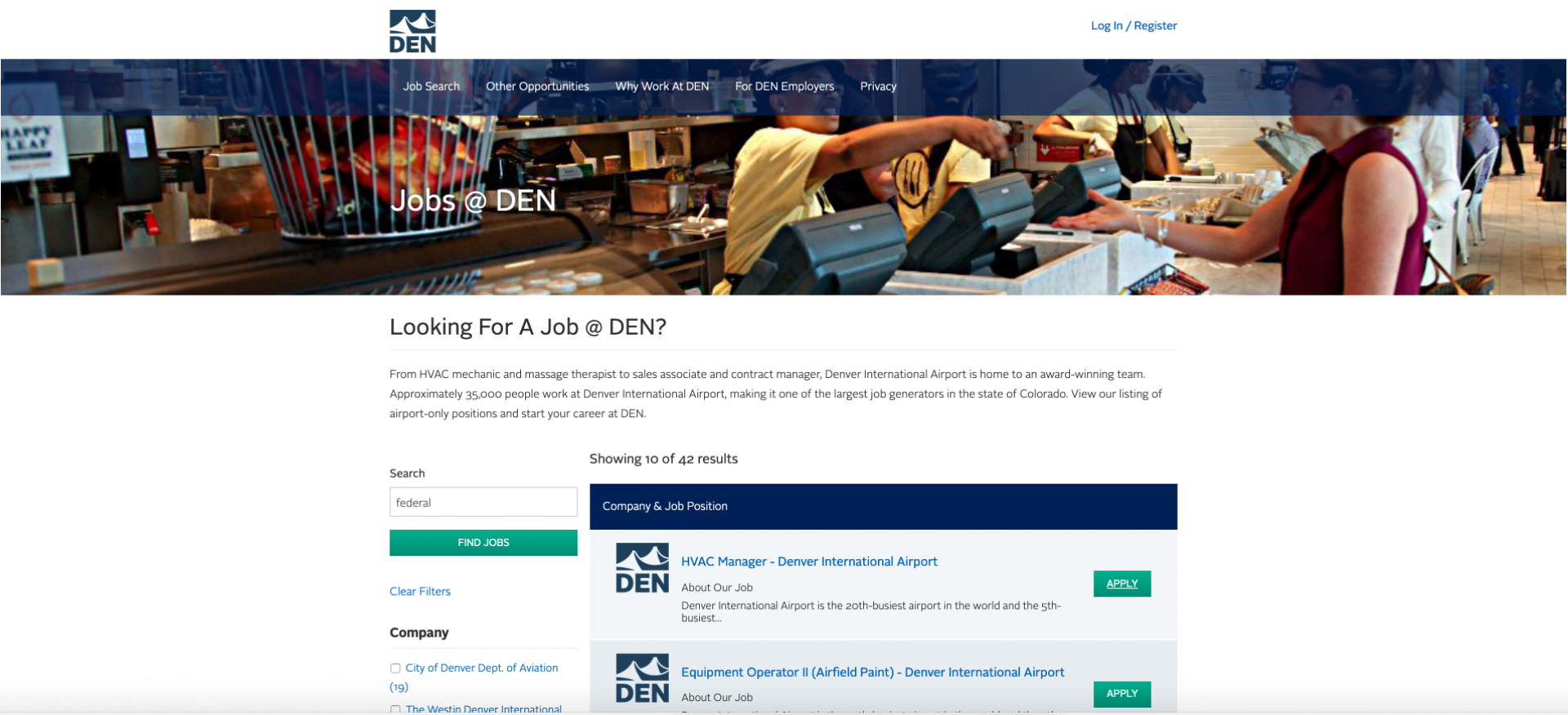 This screenshot is from DIA'S subdomain: jobs.flydenver.com. It's a separate Drupal instance (website) designed for admin's ability to schedule dates to publish/unpublish new jobs at DIA. It's underlying structure is based on a Drupal view where user can search on terms, as well as browse by company and/or job category. 