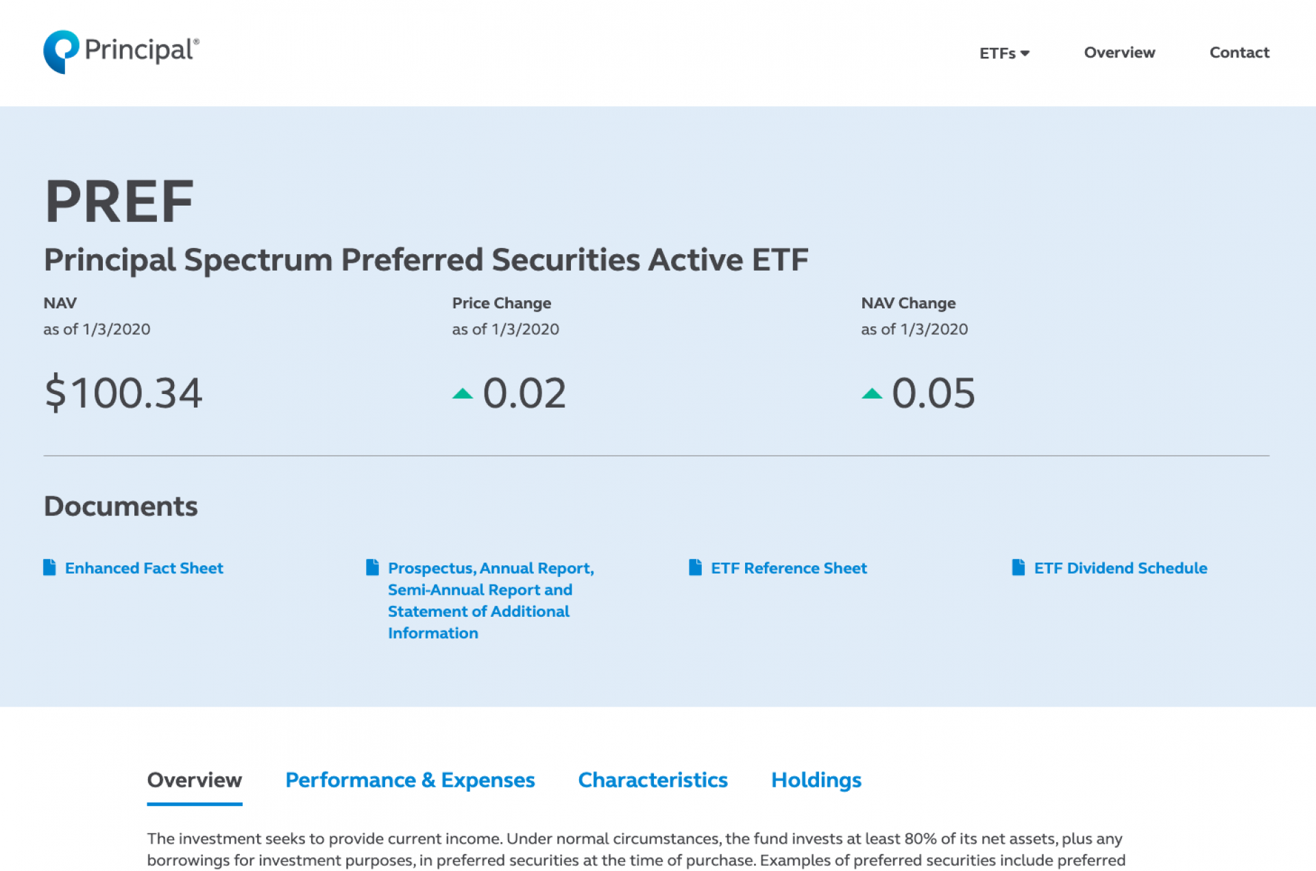 This screenshot is of a Principal fund's detail page. All of this financial data feeds in from a JSON API and is automatically updated daily (via cron jobs). You can see here a top overview of price/NAV/date change, as well as documents that get updated via same JSON API and provided as download links.