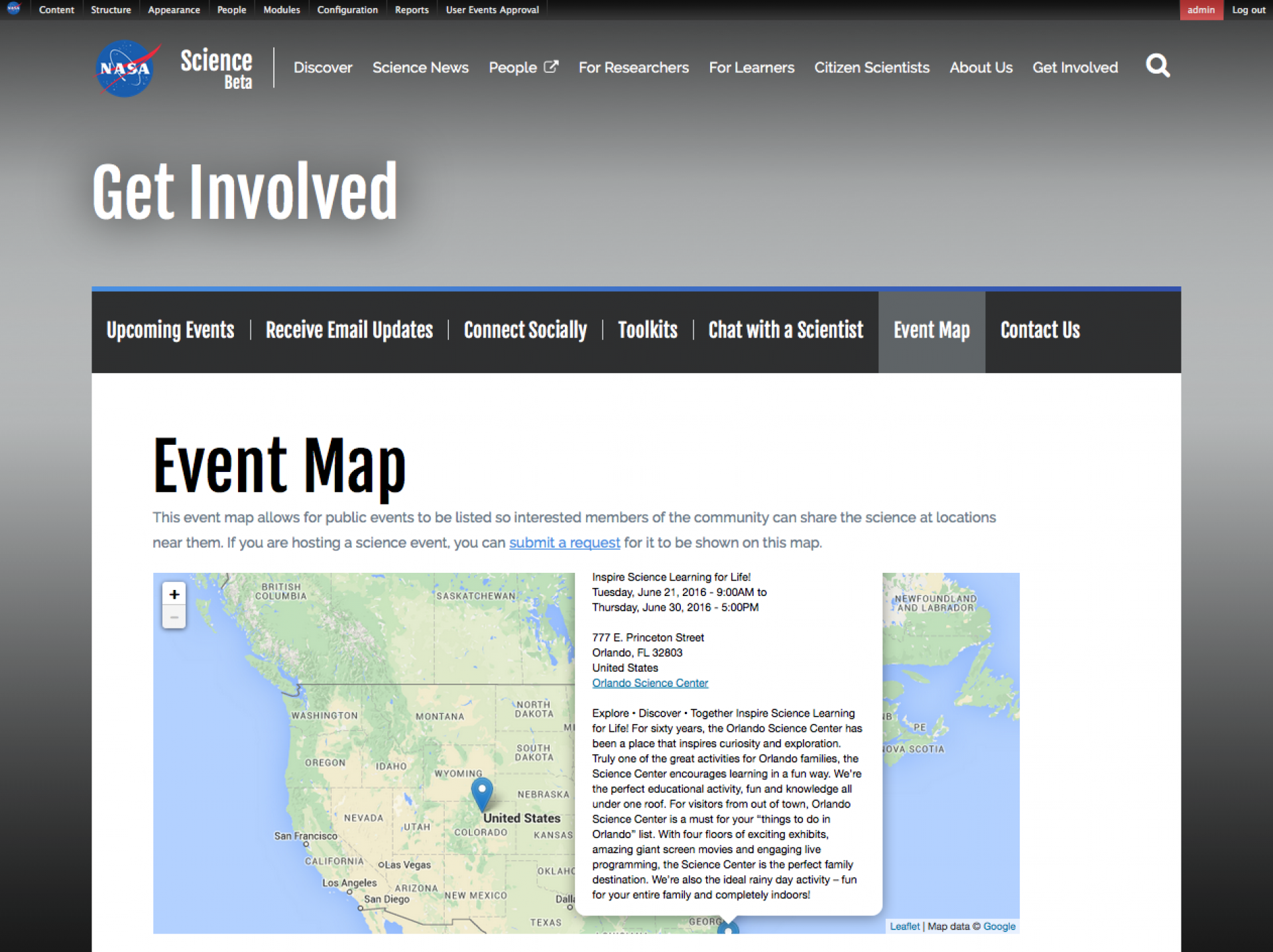 Another prototype, this time of a community driven event map where organizers would post NASA related events, so can invite all NASA enthusiasts to come and participate.