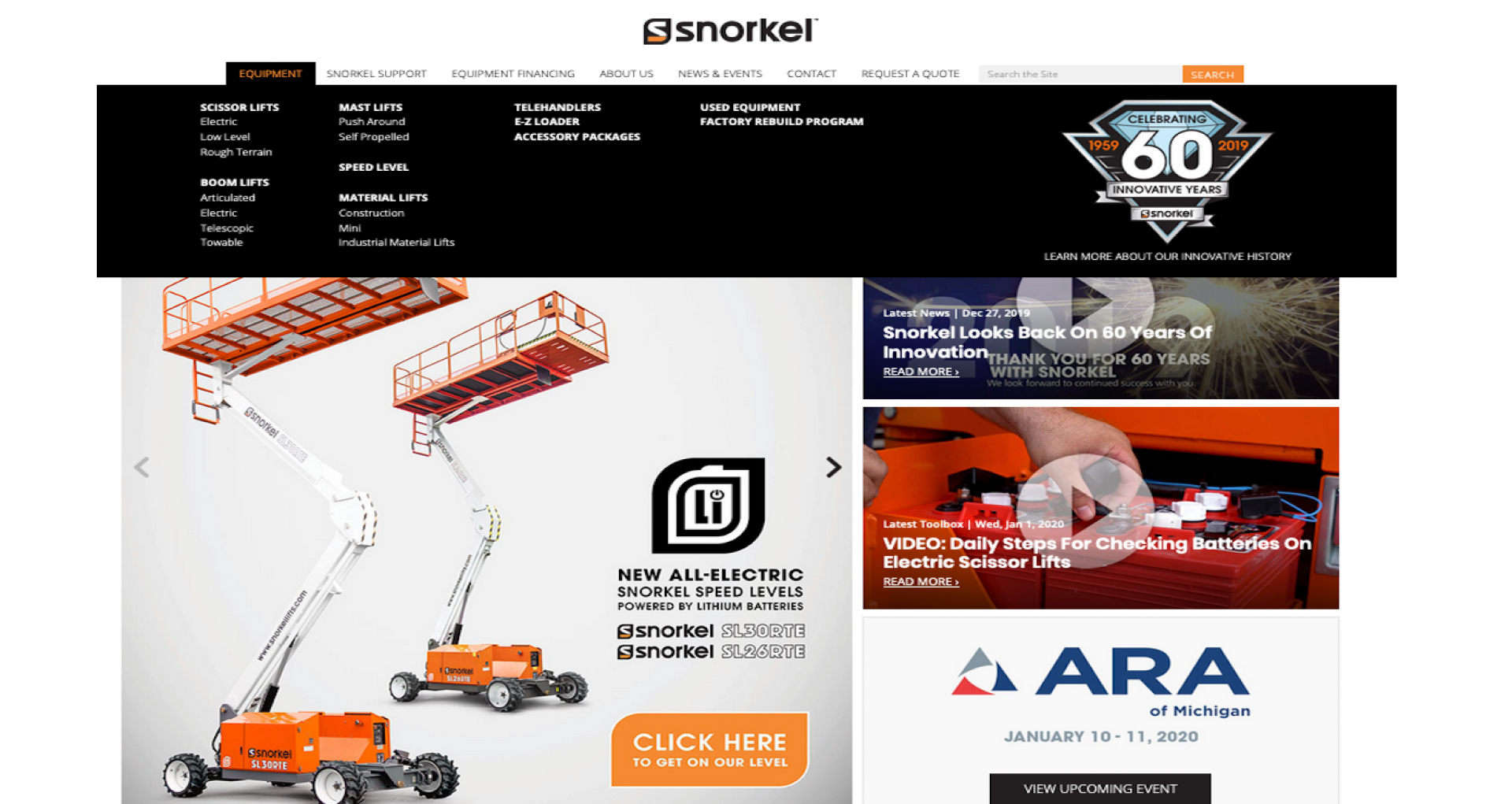 This is a screenshot of the Snorkel homepage (from desktop/laptop view), featuring dynamic hero blocks of content based on the user's geo detected location. This allows different/available content to show based on city/country. Also displayed is the main menu (hovers by mouse) above the hero content, and within the menu, there is a block showing the Snorkel 60 year celebration image that links to more about Snorkel's history. 