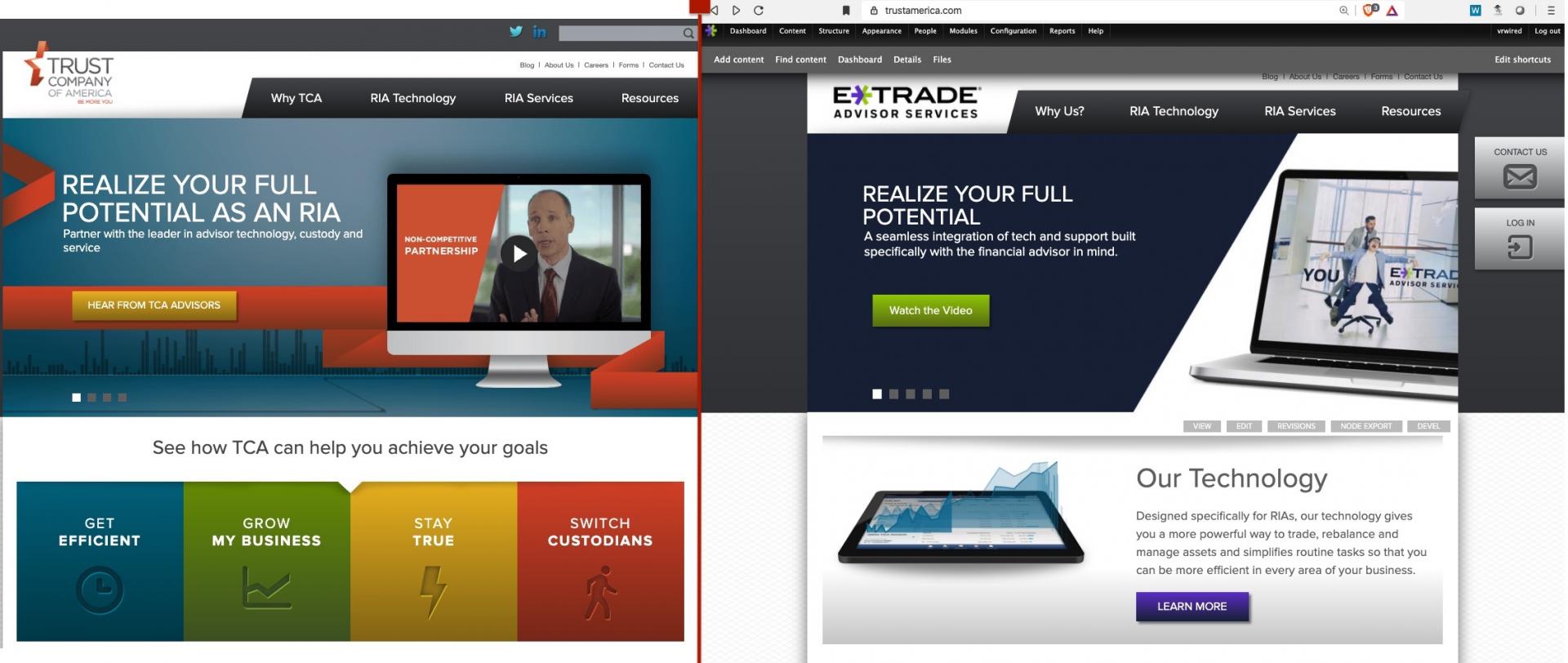 Most of this screenshot series is centered around old look vs. new design. E*TRADE purchased the Trusted Company of America (TCA) while I was the developer of their website, and in turn, required that the site be themed to properly represent the E*TRADE brand. This screenshot is of TCA's original homepage vs. E*TRADE's fresh look on the homepage (also while logged into Drupal as admin user).