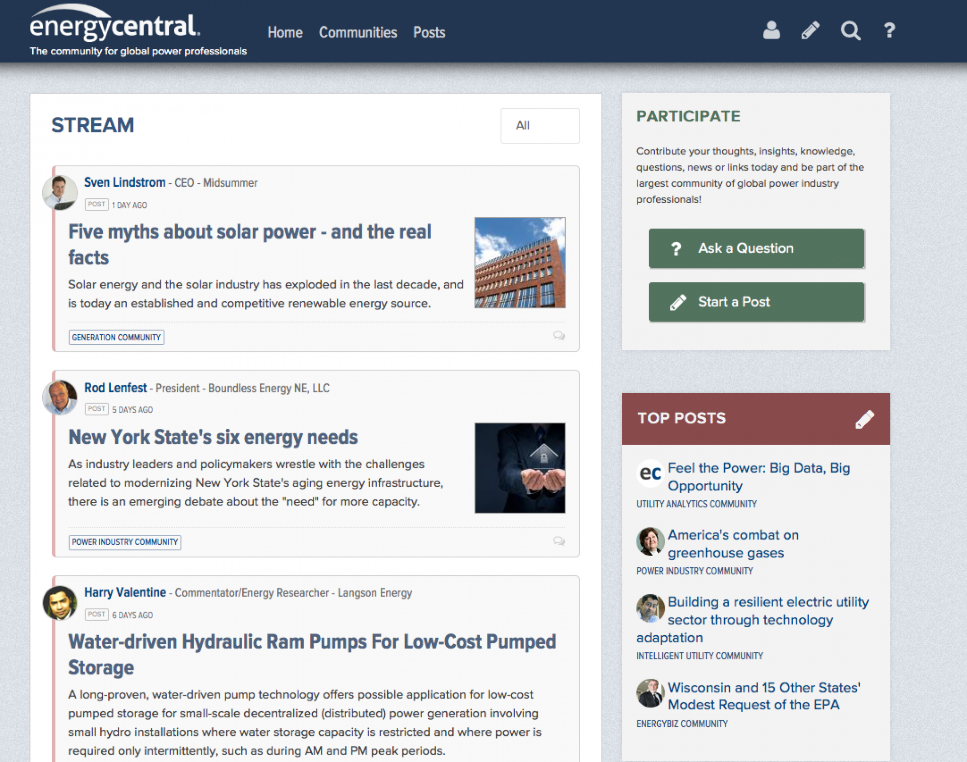 This screenshot shows one of the main pages on the Energy Central site. It contains many streamed items (each formatted based on unique contect types) that I helped build out using the organic groups module. This project involved developing a Drupal site with a team that relied on continuous agile development cycles using tools/methods such as git, continuous integation, Drupal standards compliance, and the Features module stack (for database settings management so could commit them to code).