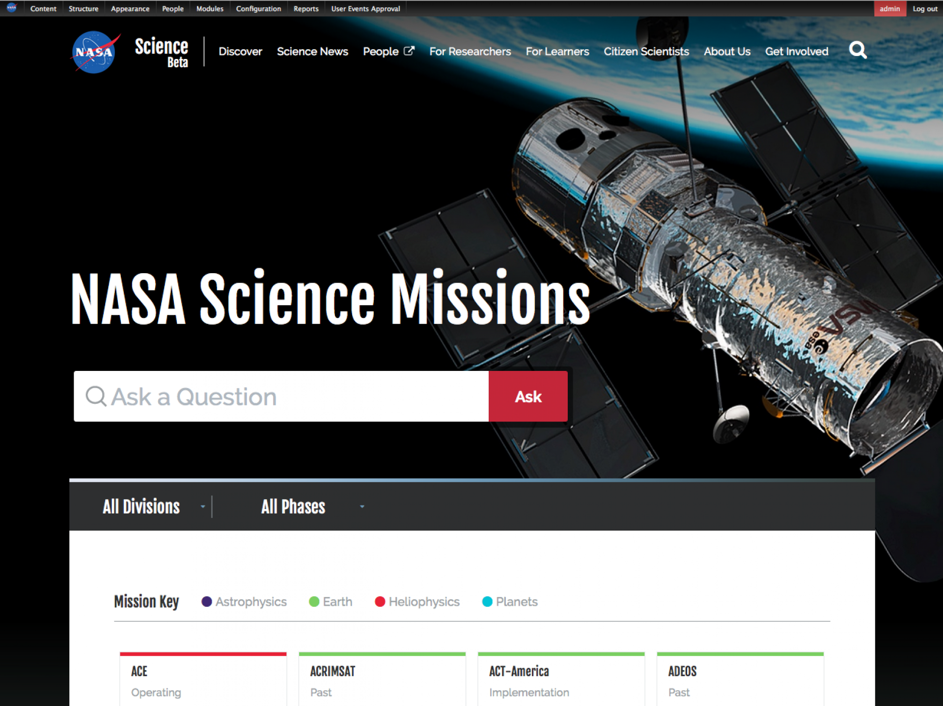 This shot represents a view with logic that organizes missions by key topics, allowing user to click any color/topic to filter by selecting a mission key. The page was built using the simplicity and power of *Drupal Views* (originally the #1 contributed module by the Drupal development community, it is now a core module in Drupal 8). Building this page with Views allowed an elegant means to identify the topics contextually to their related terms.