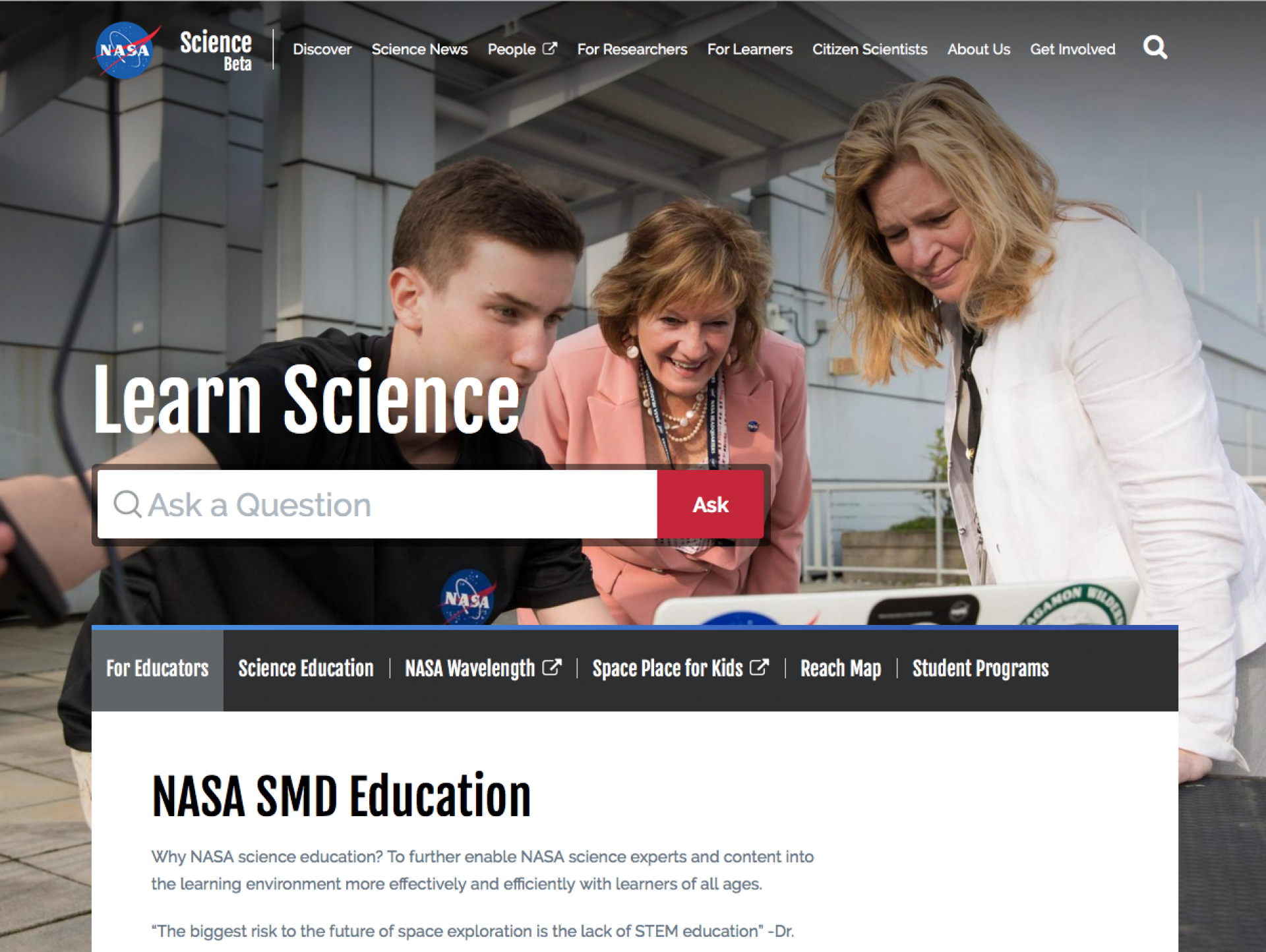 Screenshot of section devoted to young scientists, encouraging questions from them.