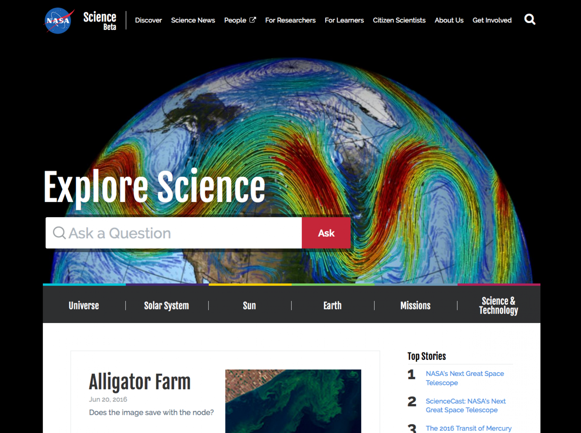 Screenshot of NASA Science homepage - when still in beta and yet to be released (see upper left corner).