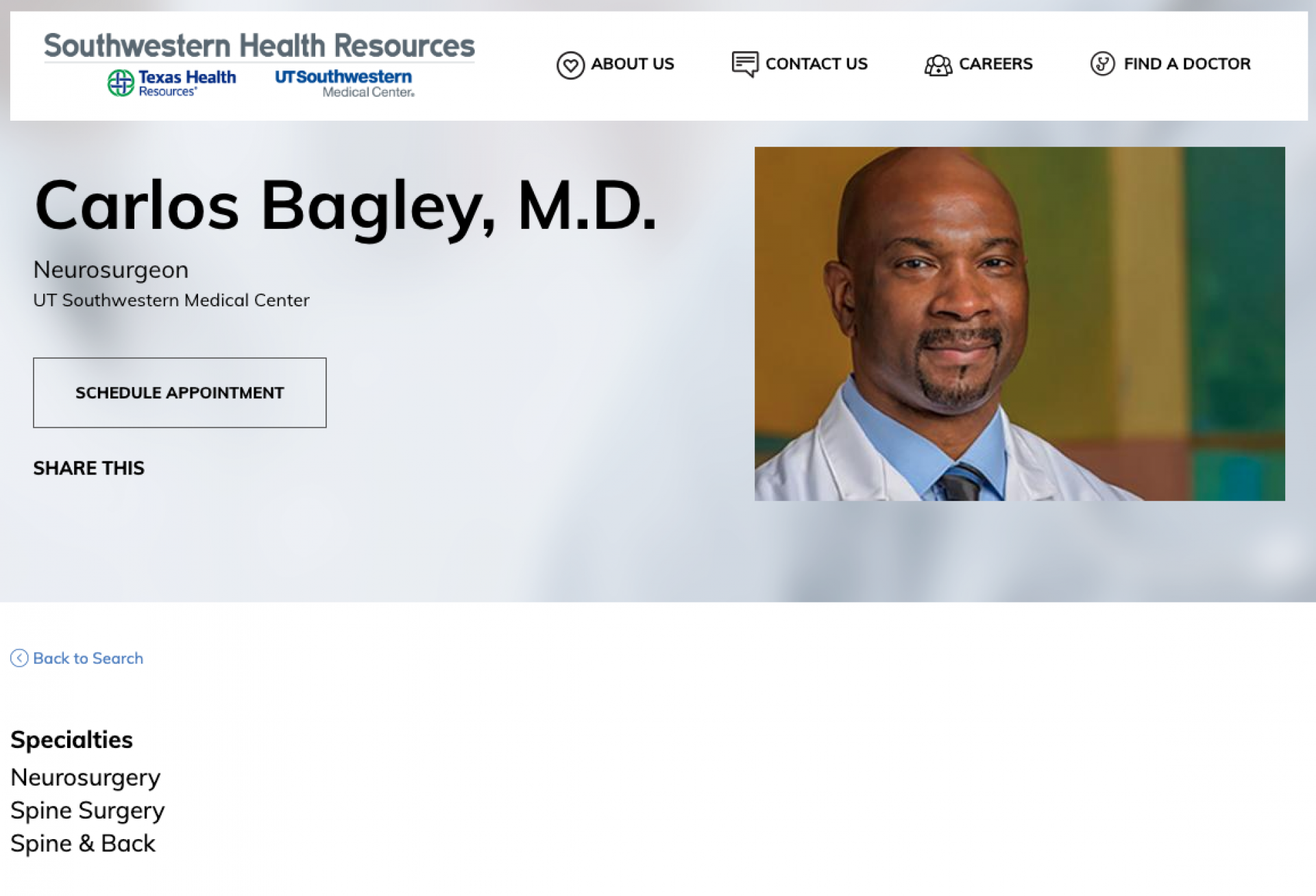 This screenshot shows an individual doctor page. Again, all data is input and updated via the JSON API that contains all hospitals and doctors info. 