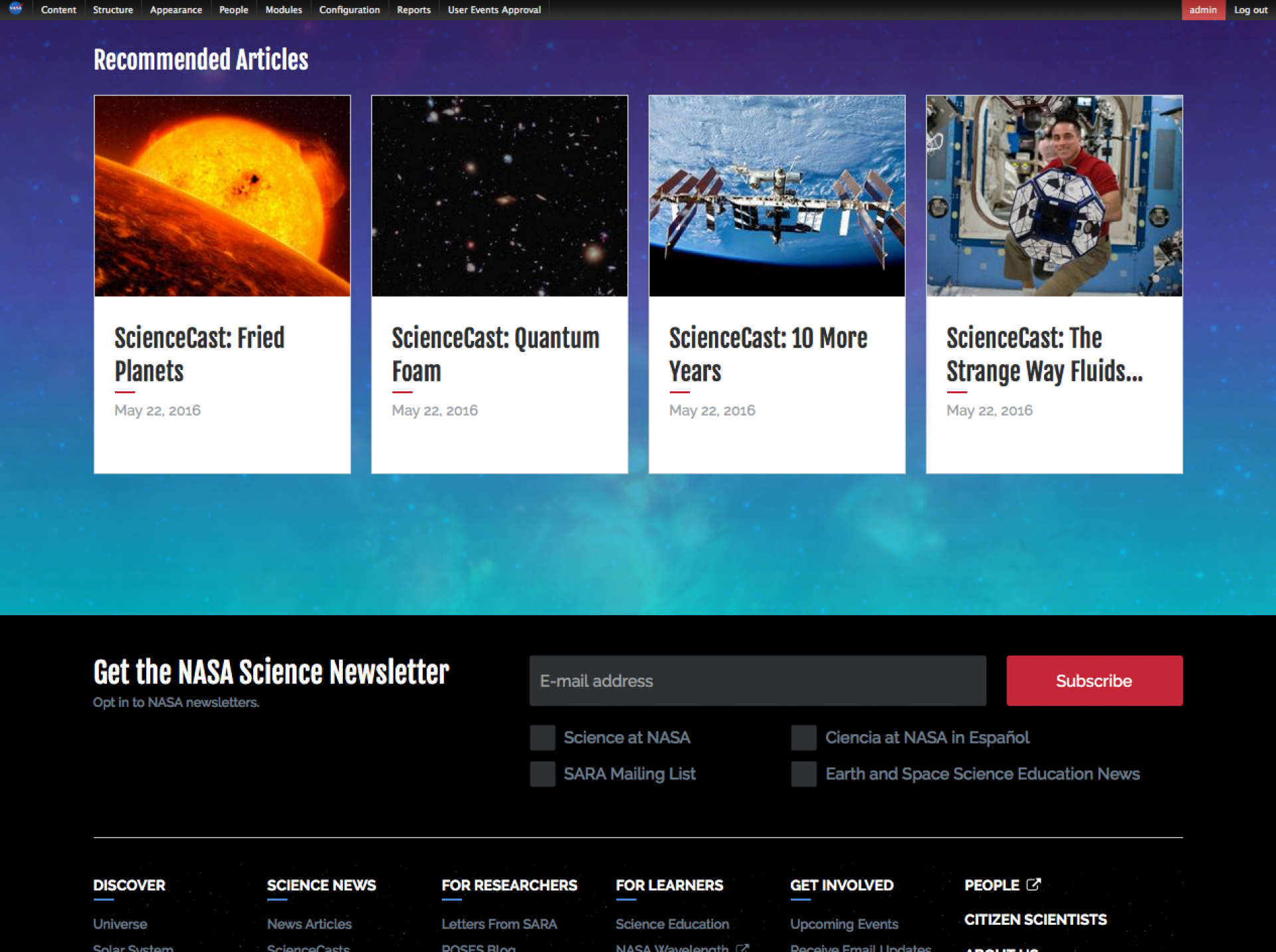 The top of this shot shows recommended articles, logically chosen based on NASA's criteria (also taking into account past keyword searches and articles already read by the user). The bottom part of this shot shows the available subscriptions sign-up form. Depending on the checkbox chosen, logic also delegates where to send - either to Salesforce or to one of NASA's internal services.