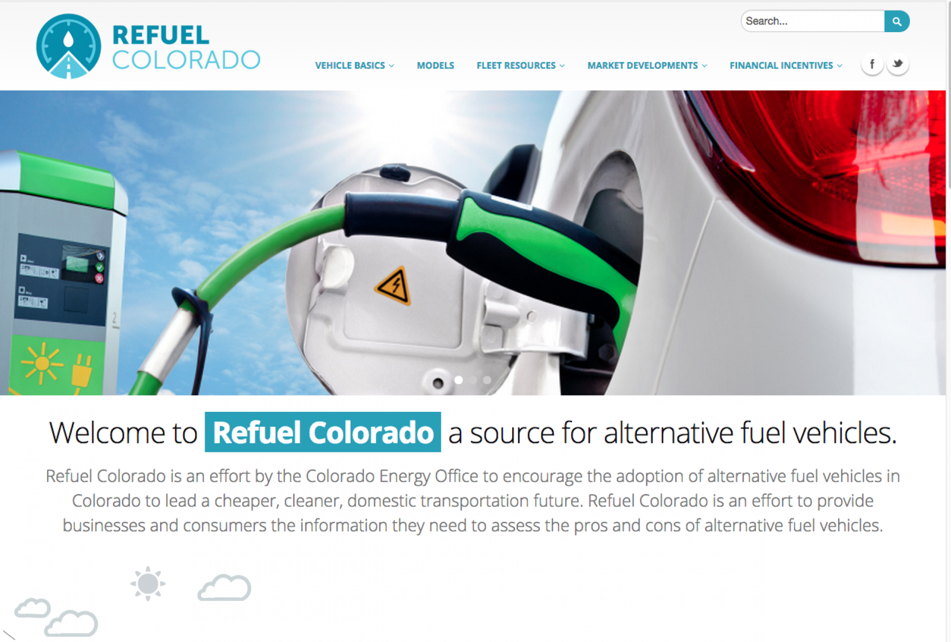 Home page screenshot of Refuel Colorado with purpose to educate the public on fuel alternatives up and coming.