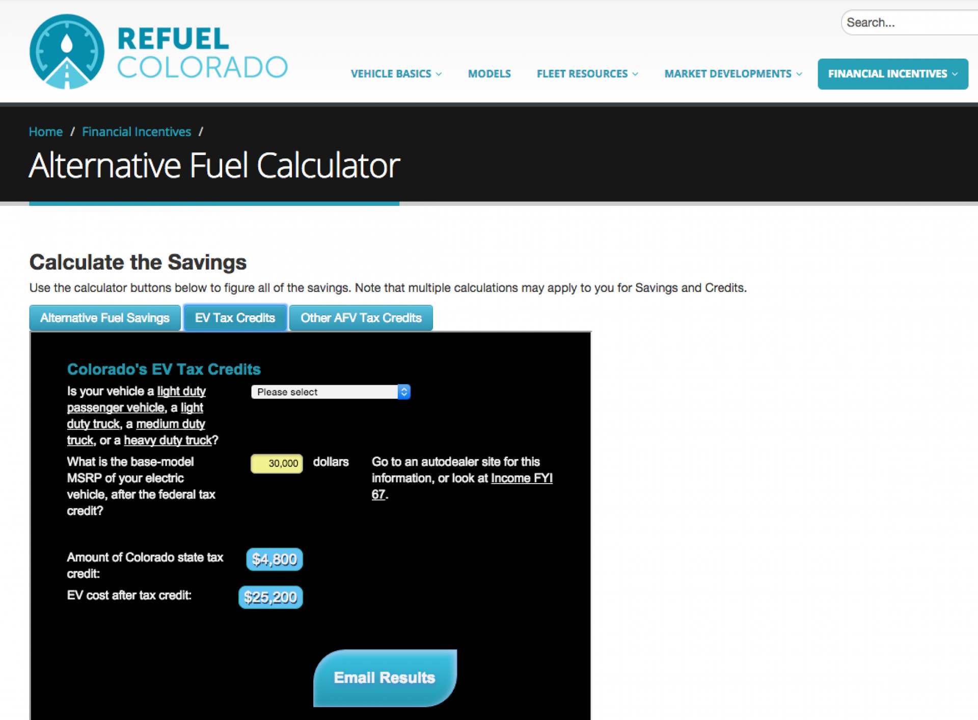 This screenshot shows an online calculator I created based on Excel spreadsheet formula provided. The purpose, of course, was to engage the user in ability to assess their own advantage of purchasing alternative fuel vehicles, calculating all tax credits and miles estimated based on their figures (technically, a comprehensive calculator built via Javascript). Also emails results.