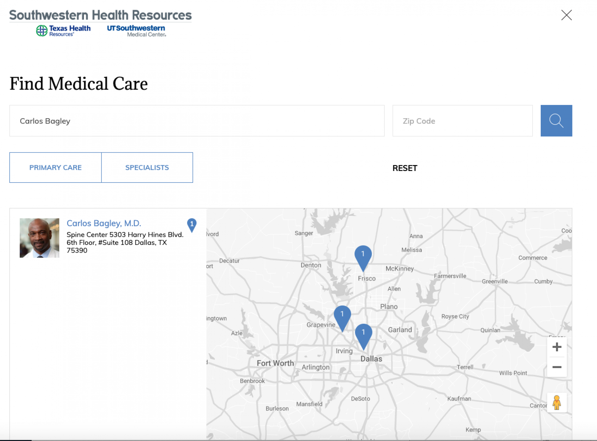 This screenshot displays the Find Medical Care page showing a physician with a map of all practicing locations. All data on this page, including the photo and map, was generated automatically using the custom module that connects to the JSON API. 