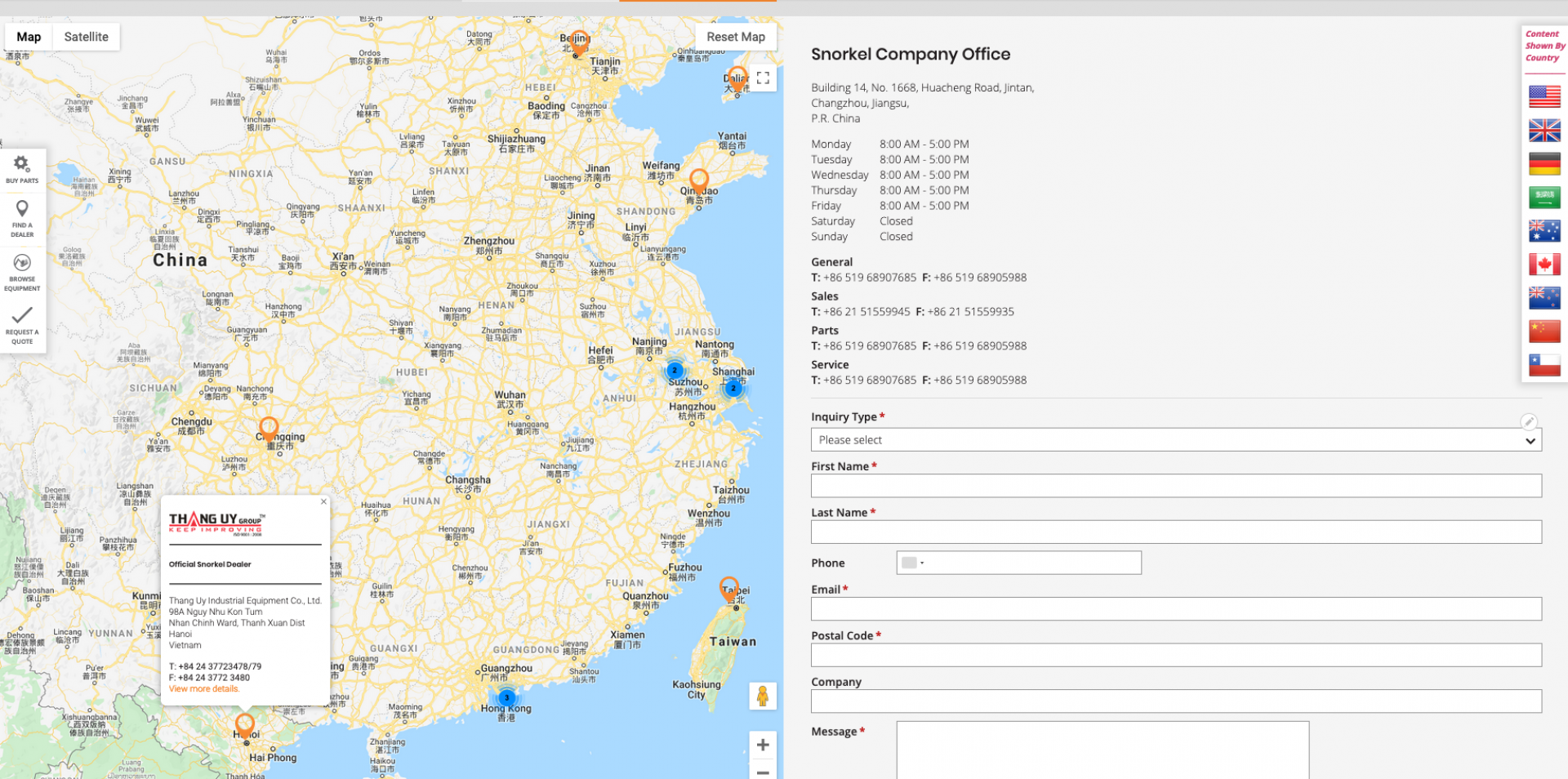 This Contact Us view is *as if* viewing from China. Notice that some of the markers have numbers, signifying that the user can click it, causing the map to zoom into the containing locations. Also notice clicking a non-numeric marker shows location with bubble info that has direct link to the local contact page/form (via the *View more details* link).