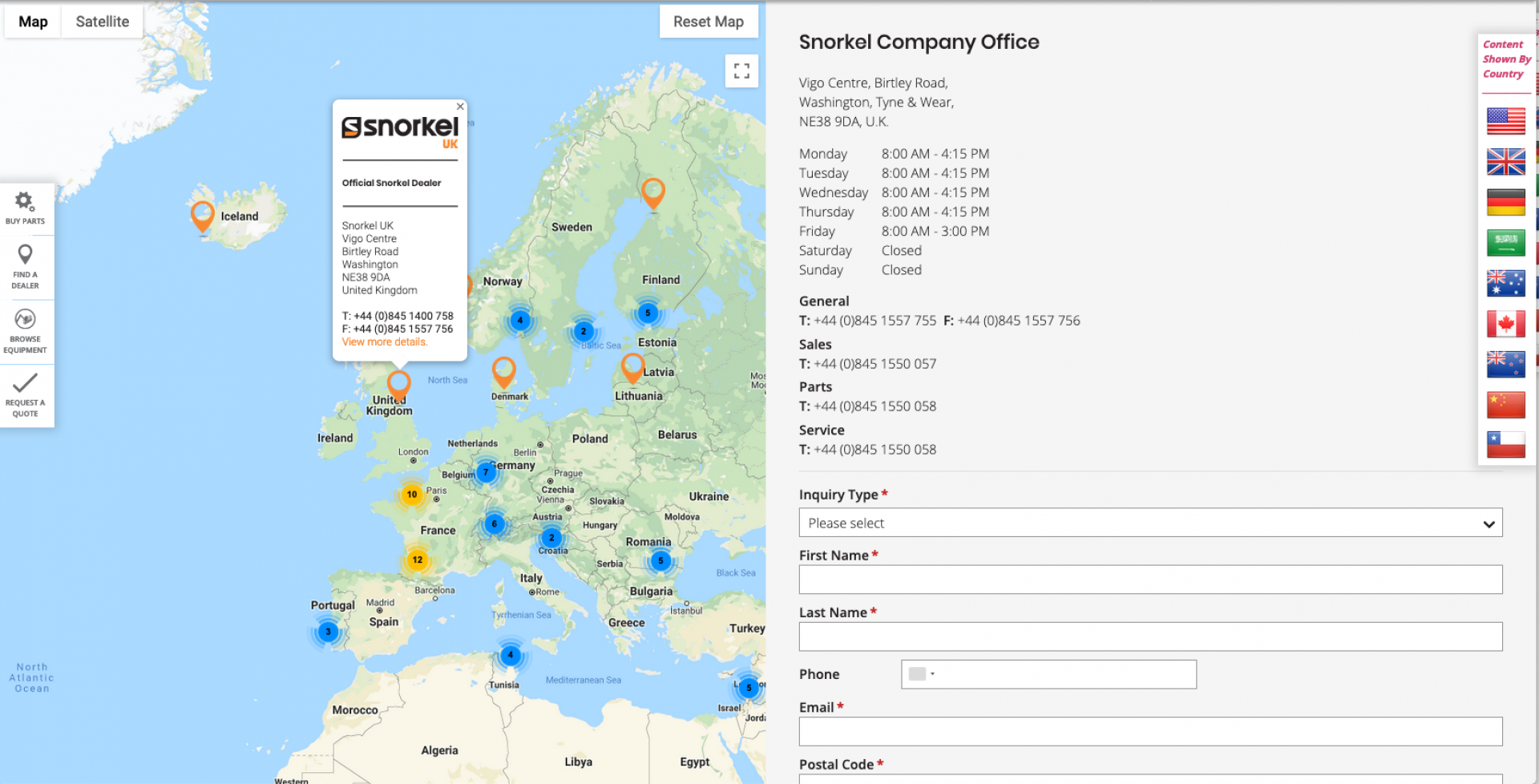 On this screenshot, the display is showing *as if* user is in the United Kingdom. Notice the toolbar of flags to the right. I built this as a test harness to view content based on location - clicking a flag changes the IP address, thus cloaking the location to whatever country that IP address has been allocated. This was important because certain Snorkel's equipment models are only for sale in specific countries (and vica-versa) so it helps client verify intended results without being in country to test.