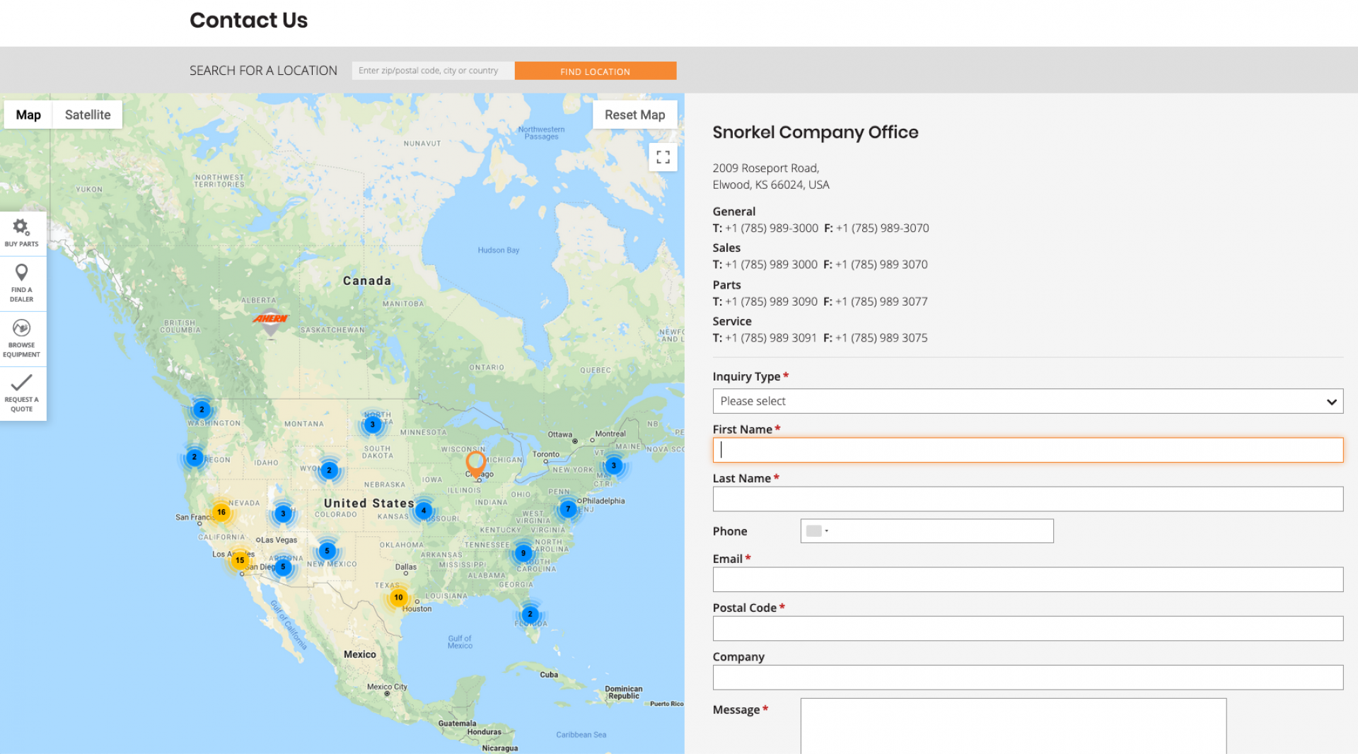 On the contact page, Snorkel required a map centered on the user's detected country location. Also the contact form needed to be sent to the nearest Snorkel headquarters, based on user location (notice the map and the Company Office address compared to the next slide).