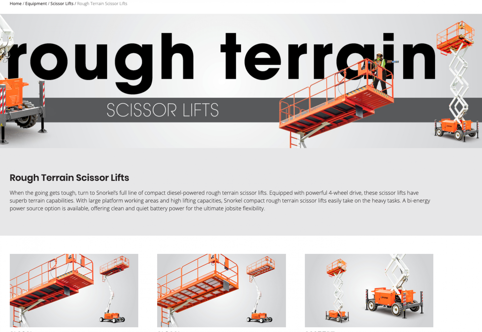 This shot shows the final selection based on filtering down, in this case, to Rough Terrain Scissor Lifts. Next shot will show the detail page for a specific product/machine.