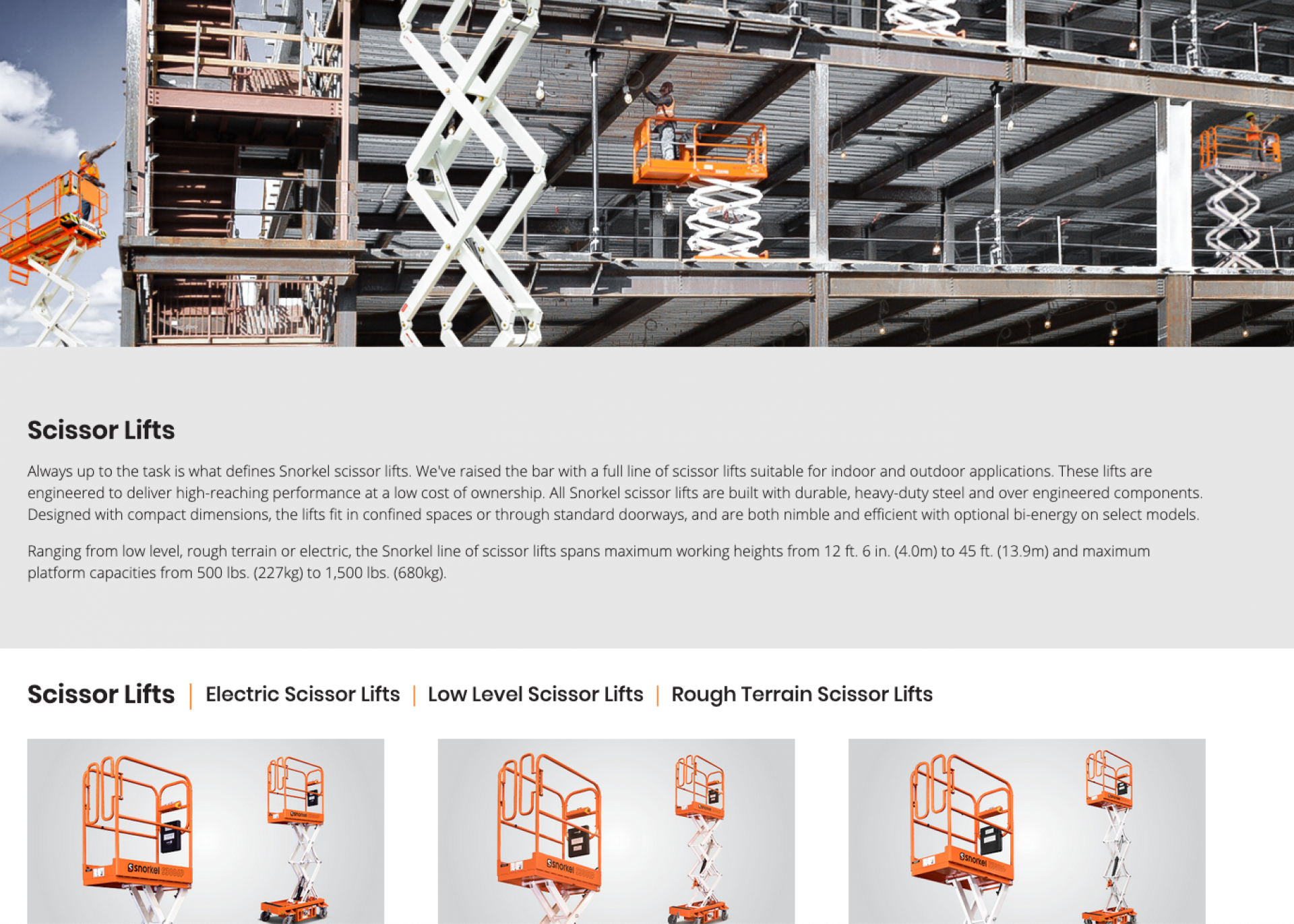 Drilling into Scissor Lifts, notice there is a second subset of filters/links based on the top category user is browsing. Depending on the geo-detected availability, there will be different subcategory links.