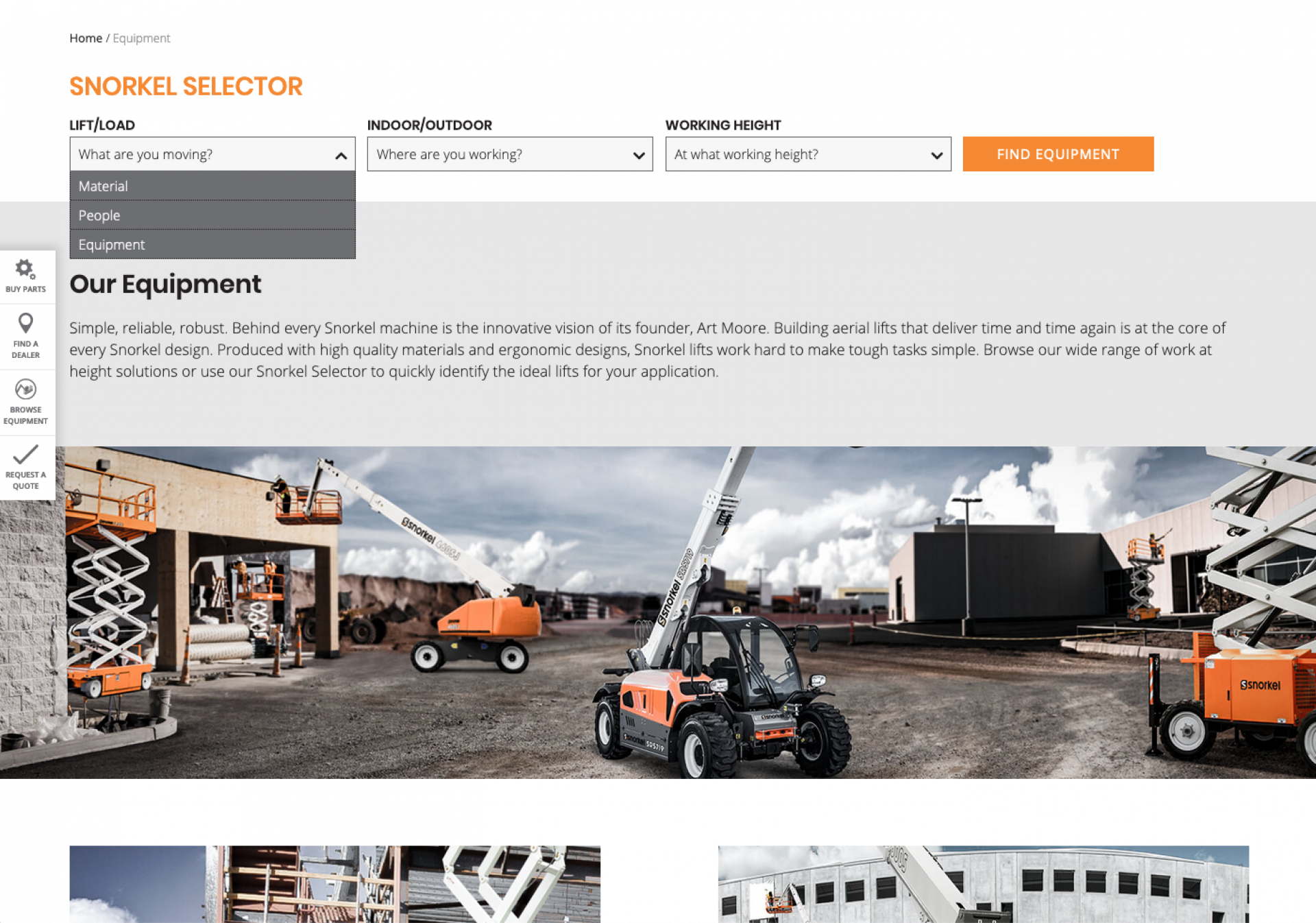 This screenshot shows that a user can scroll and browse equipment by category OR filter down with answers to direct questions by using the *Snorkel Selector*.