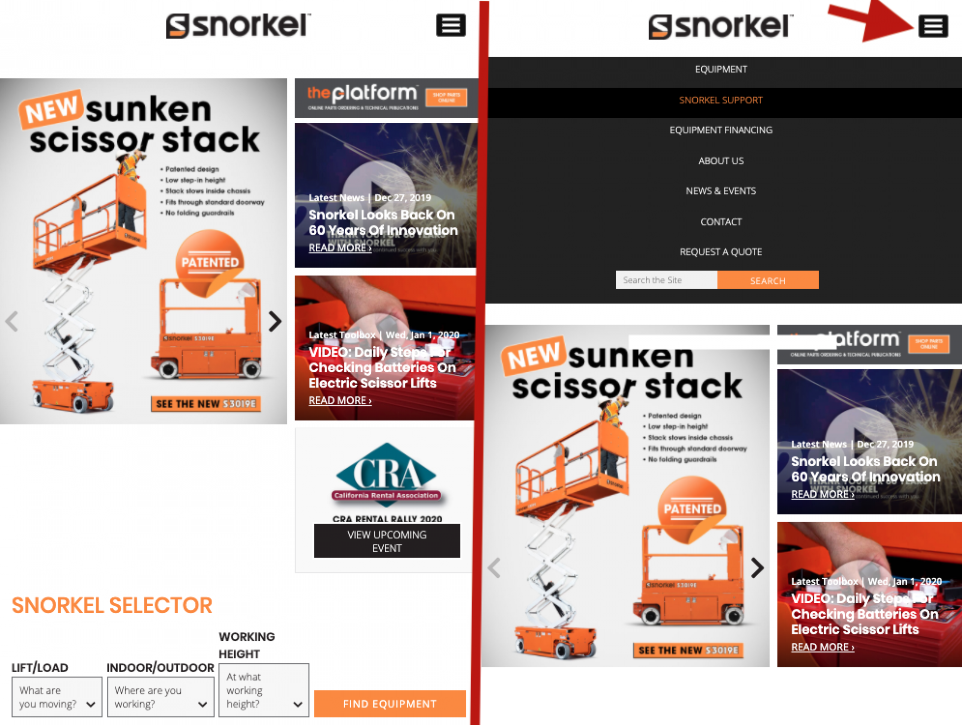 This is a screenshot of two views of the Snorkel homepage from a mobile/smartphone display. The first view shows homepage and the second shows home page after clicking the menu which includes a search box. An even more impressive menu is displayed when user views the site on desktop/laptop, shown in the next slide. 