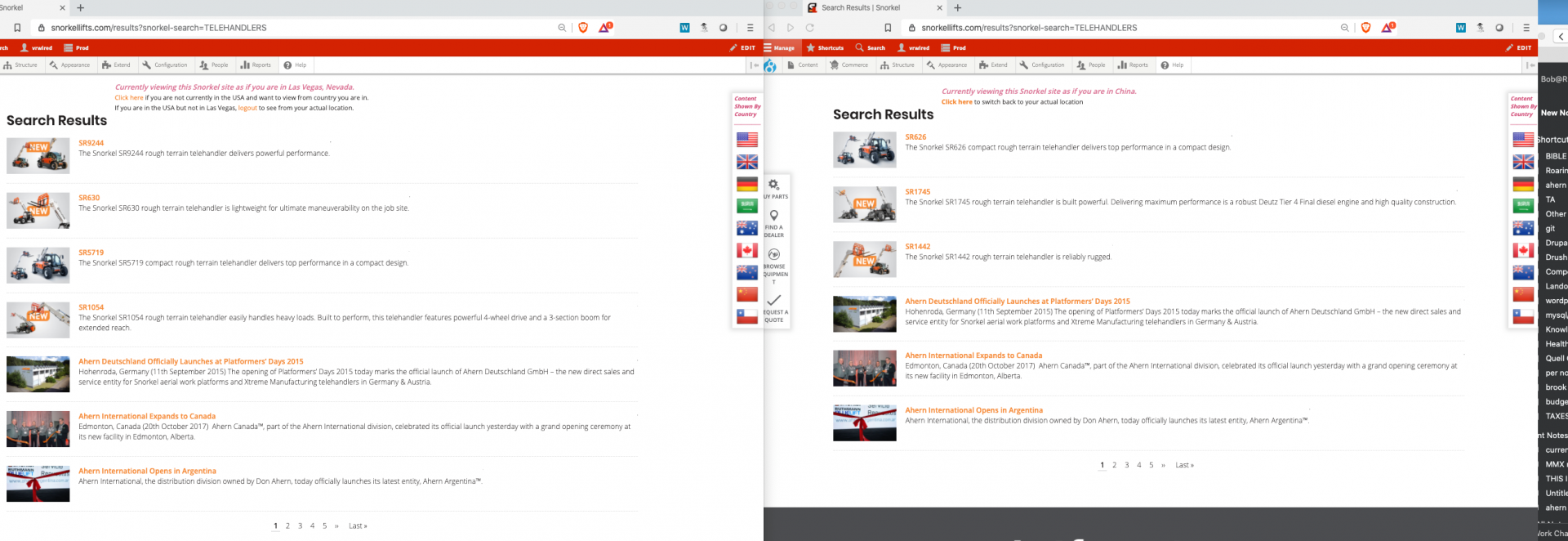 In this shot, there is a comparison of what a user will see based on where they are in the world. In this example, the user has searched for TELEHANDLERS but since telehandlers vary in models available by country, the comparison shows the differences in results between searches in the USA vs. China. There is custom logic to scrub out results that should not be shown.