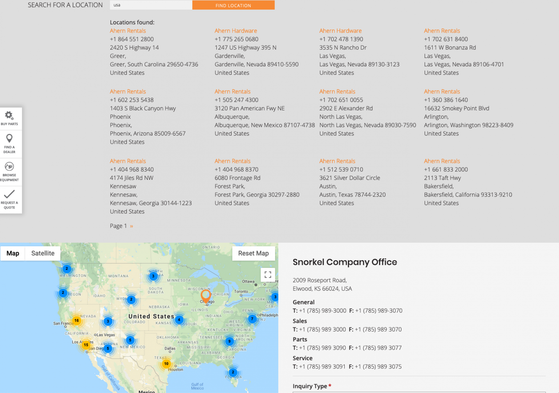 Above the contact map/form is a quick search box for locations - it pulls its list of locations quickly via AJAX calls, so that the page need not reload.