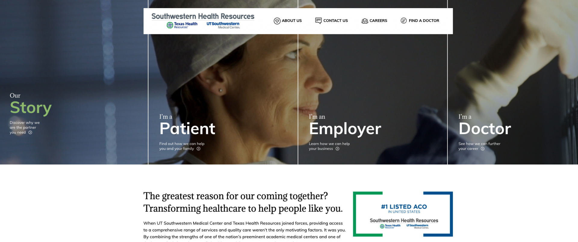 This screenshot is of homepage to Southwestern Health Resources. The site's doctor data was initially retreived to create thousands of individual doctor pages and is now updated daily. This was achieved by building a custom module based on Migrate Plus (Drupal contributed module) that connects to a JSON API that's structured with all hospital and doctor data.