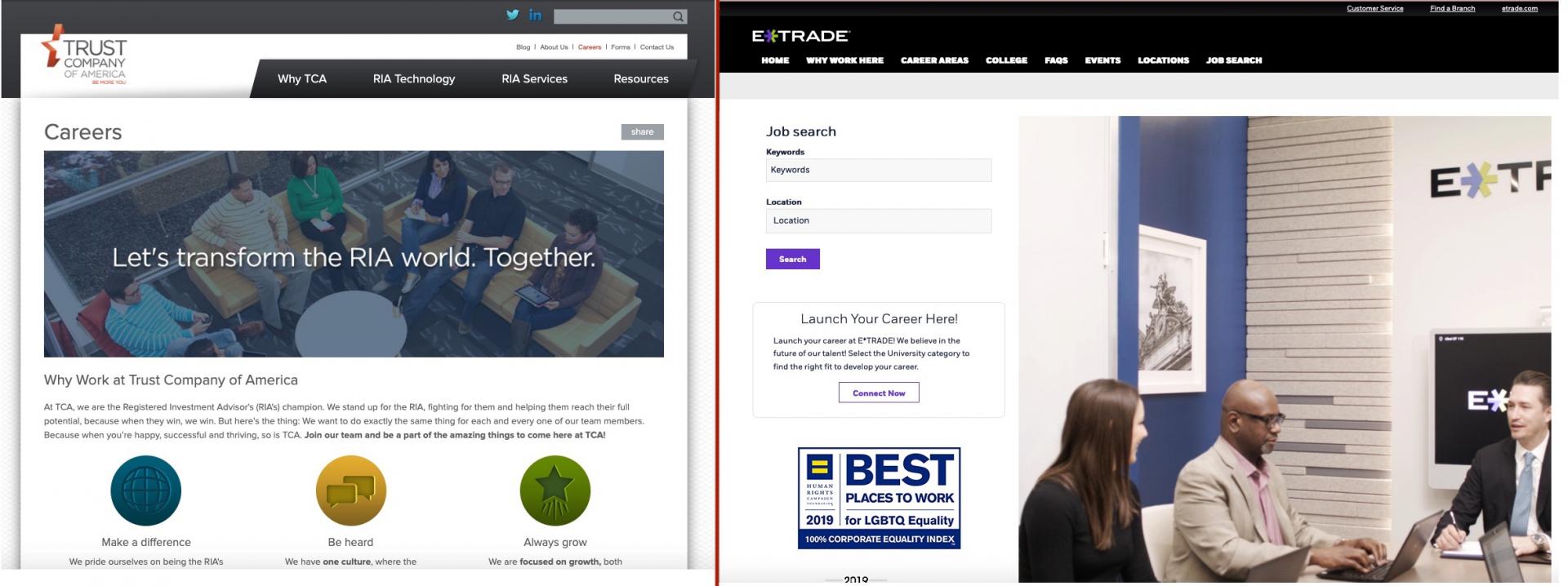This is a screenshot of TCA's old careers page vs. E*TRADE's new career page with an added search feature.