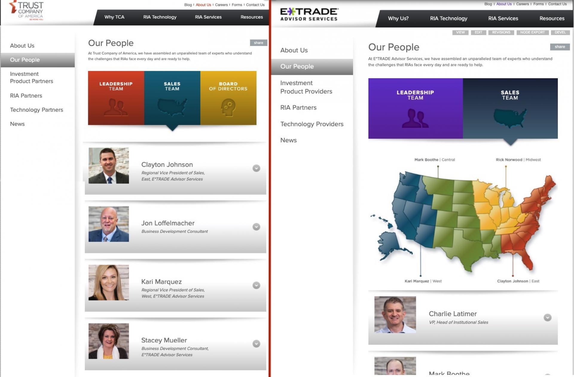 Another screenshot to show theme changes between TCA's old 'our people' page vs the new E*TRADE updated version.