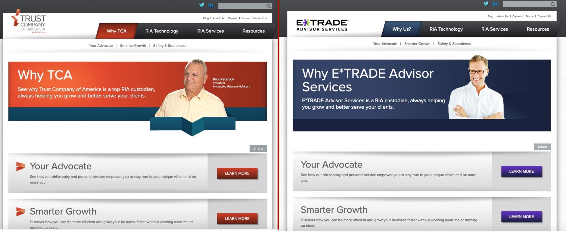 This screenshot shows theme changes between TCA's old why us page vs the new E*TRADE's why us page.