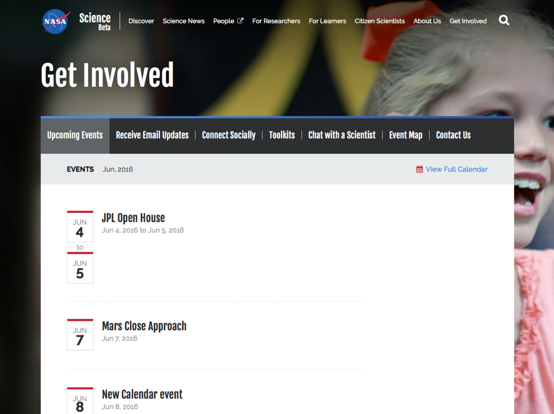 Prototype of NASA's event calendar, where also announces special days for schools/organizations to have opportunity to *Chat with a Scientist*.
